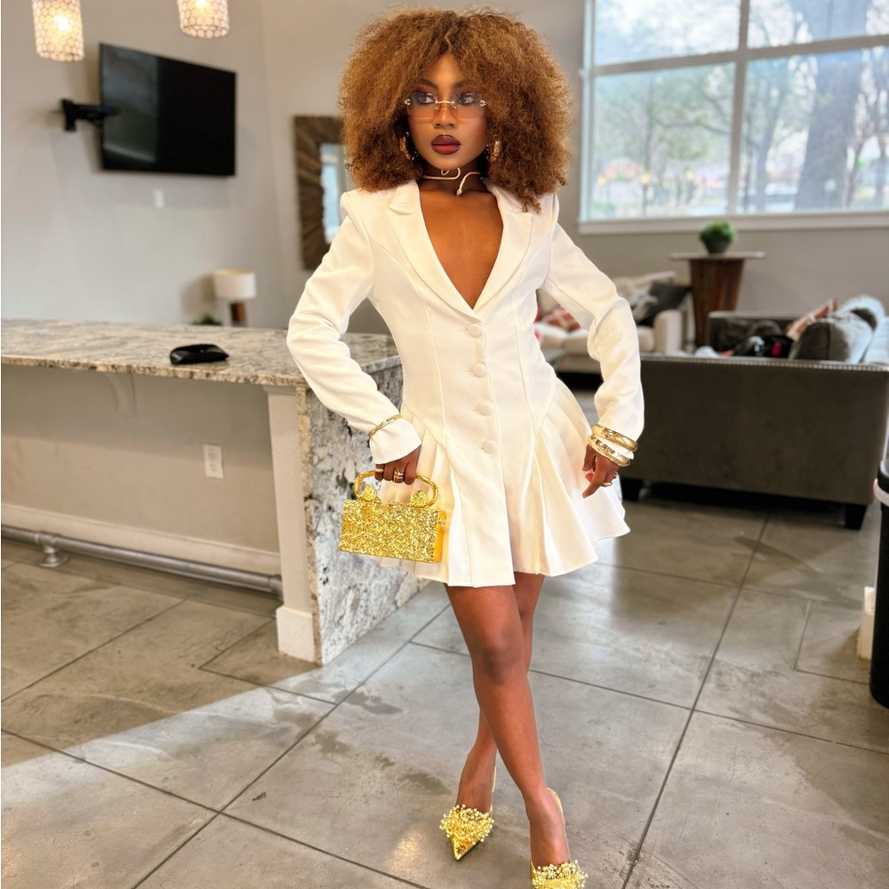 SHEIN White Tailored Blazer Midi Dress with Gold Accessories